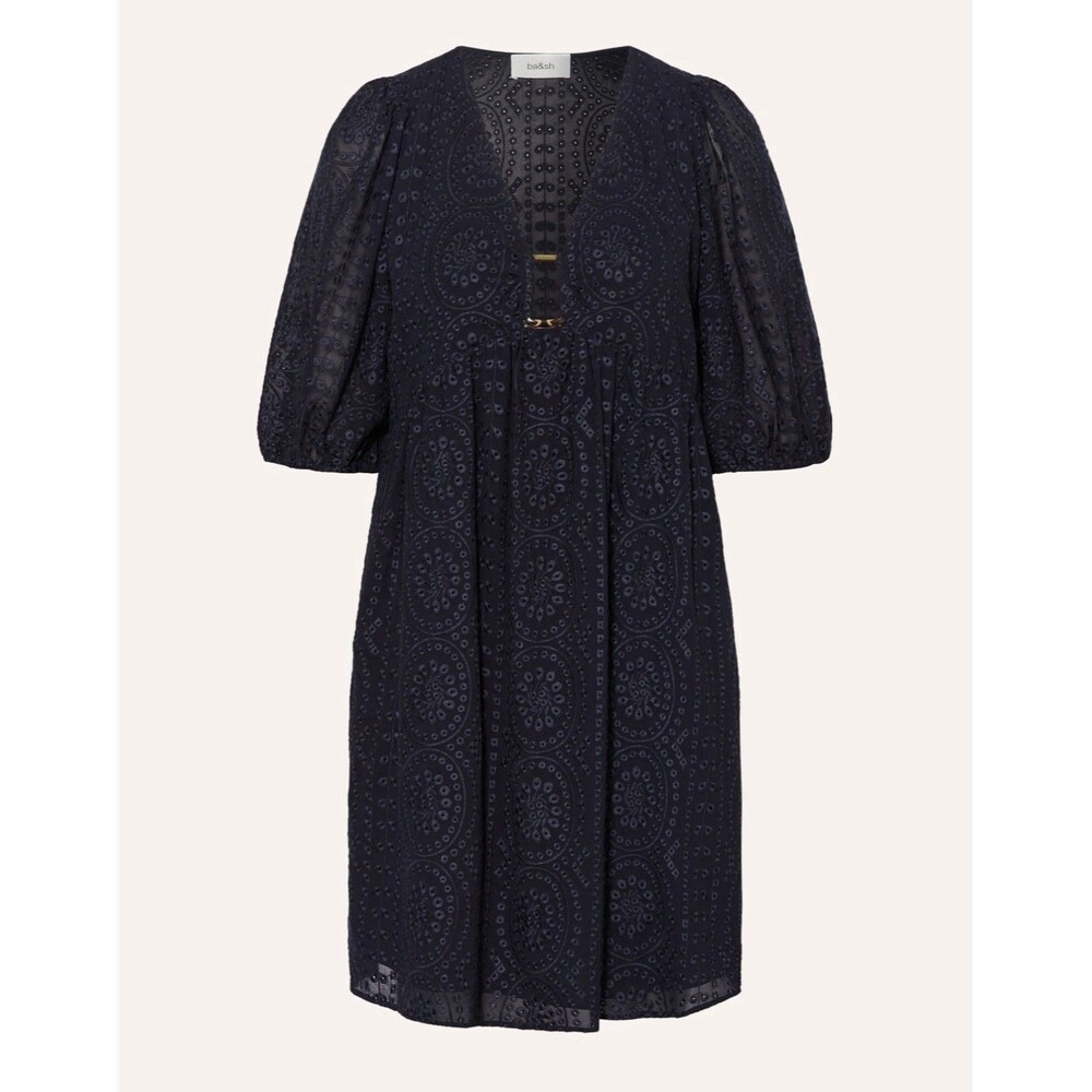 Ba&sh Brancia Short Navy Dress Flared Eyelet Sz M US 6 Quiet Luxury V Neck  $345 - Picture 3 of 16